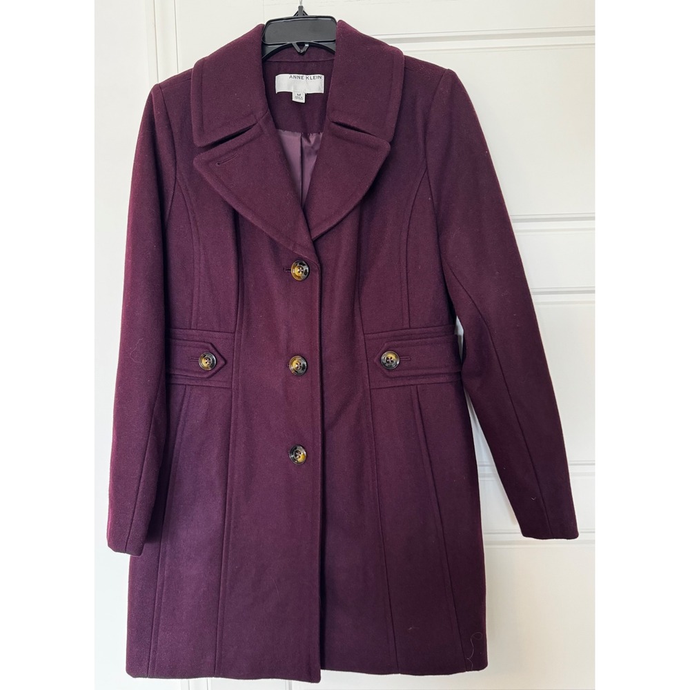 NWOT Anne Klein Burgundy Wool Blend Single Breasted Coat Medium